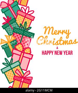 Buon Natale e felice biglietto d'auguri di Capodanno con decorazione verticale senza giunture di confezioni regalo e regalo, illustrazione vettoriale Illustrazione Vettoriale