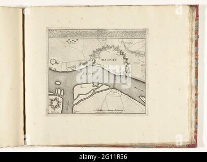 Mappa di Magonza, ca. 1701-1713; MENTZ (...) is d'capital d'archbishoms (...); Les principales Forterses & Villes Fortes, D'Espagne, De France, D'Italie, i Savoia, D'Allemagne & des Païs-Bas (...) / immagini sittinguriali delle principali città forti e fortezze di Spanjen, Vrankryk, Italien, Savoy, Duytsland e Nederlanden (...). Mappa dei rinforzi alla città tedesca di Magonza. Parte della serie aggregata di 49 piatti di rinomate città forti e fortezze nella guerra di successione spagnola, ca. 1701-1713. Con i titoli in olandese e francese. Foto Stock