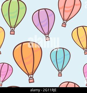 Motivo senza cuciture con palloncini colorati con contorno nel cielo, caivi e semplice sfondo, simpatico vettore illustrazione per i bambini Illustrazione Vettoriale