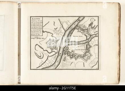 Mappa di Bayonne, circa 1702; Bayonne. Ville Forte et Port de Mer (...); Les Forces de l'Europe, Asie, Afrique et Amerique, ou Description des principales Villes avec leurs fortificazioni. Dessignées PAR LES MEILLEURS Engineers, privato Celles qui sont Sous la dominazione de la France (...) Et Ornées i plusieurs Superbes Edifes. Mappa dei rinforzi alla città francese di Bayonne. 251 nella foto nel contesto di un totale di 276 targhe numerate di rinomate città forti e fortezze nel contesto della guerra di successione spagnola. Per la maggior parte, queste piastre sono state COP Foto Stock