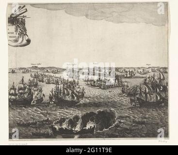 Sea Battle a Duins (campo), 1639; Zeechlach in Duyns di Marten Harpers Tromp Den 21 ottobre anno 1638. Battaglia marittima a Duillen tra la flotta spagnola per ordine di Antonio de Oquendo e la flotta statale tra Maarten Harpertsz. Tromp, 21 ottobre 1639. Giudica con in primo piano una nave ardente e pendii con i membri dell'equipaggio, a destra le navi spagnole capitalizzate. Sullo sfondo la costa inglese tra Walmer e Margate. In cima alla metà una cartouche con il titolo (condiviso). Foto Stock