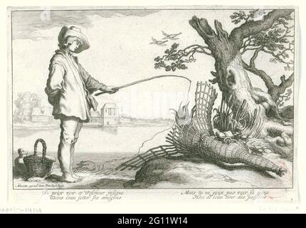 Il giovane pescatore; quattro scene pastorali. Un giovane si trova accanto a un cesto e una caraffa sul bordo di un lago e si piega leggermente in avanti su una lenza da pesca. Sulla destra si trova un albero sotto il quale si trova un trogolo. La didascalia in lingua francese a quattro righe riporta che si può vedere che il pescatore ha gettato fuori la canna da pesca, ma non quello che sta facendo. La pesca era un simbolo diffuso dell'attività amorosa, basata sulla nozione di esca inaffidabile. La trappola rappresenta la caduta dell'amore qui. Foto Stock