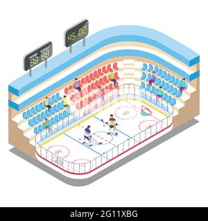 Stadio isometrico di hockey su ghiaccio, giocatori e tifosi, flat vettoriale illustrazione. Stadio di hockey su ghiaccio, pista, campo sportivo, tribune. Illustrazione Vettoriale