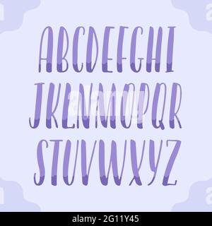 Alfabeto disegnato a mano, lettere moderne a due colori, lettere calligrafiche maiuscole, carattere universale per striscioni e biglietti, lettere viola su sfondo viola Illustrazione Vettoriale