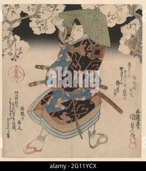 Ichikawa Danjûrô VII nel ruolo di Fuwa Banzaemon tra i fiori di ciliegio; UN dipperie; Nibantsuzuki. L'attore Ichikaiwa Danjûrô VII (1791-1859) nel ruolo di Fuwa Banzaemon nel brano di Soga No Shimadai, cresciuto nel 1827 nel Teatro Kawarasaki di Edo. La rivista di sinistra di questo diptiek mostra un Kikugoro III (1784-1849) nel ruolo di Nagoya Sanza. Con due poesie. Foto Stock