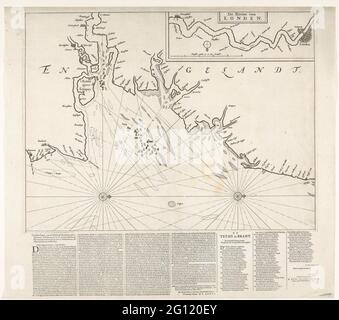 Mappa della bocca del Tamigi con il viaggio a Chatham, 1667. Mappa di Monding del Tamigi su cui il viaggio a Chatham è indicato dalla flotta statale sotto Admiraal de Ruyter, 20-23 giugno 1667. Sotto la targa stampata in 4 colonne una lettera dell'Ammiraal Willem van Ghent scritta a bordo dell'Agatha e si è concentrata sull'Ammiragliato di Amsterdam con una descrizione del corso della lotta. A destra un versetto alla vittoria in 3 colonne. Foto Stock