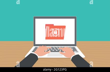 Accesso online sicuro ai documenti riservati con blocco privato sul computer portatile file di testo vettoriale piatto Illustrazione Vettoriale