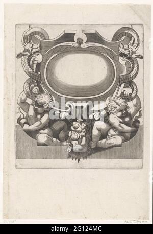 Cartouche con due draghi e due bambini; cartoni in montature da ruolo con grottesken, ghirlande e muratori. ONSAGE COPIA PER CARICARE SERIE 17 OFF CON CARTROS IN COSTRUZIONI DI LAVORO DI ROOK CON GRAPESKEN, GUIRANDES E MASCAROONS PUBBLICATO DA PIERRE MARIETTE. Foto Stock