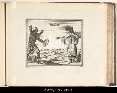 Residenti di Makassar, 1726; Macassers; Les Forces de l'Europe, Asie, Afrique et Amerique (...) Comme aussi Les Côtes de France et d'Espagne. Uomo e moglie di Makassar sull'isola di Celebes (Sulawesi del Sud), vestito in costume locale, l'uomo con un blowpipe. Sullo sfondo la città. 478 in parte XIX della foto: Les Forces de l'Europe, Asia, Afrique et amic ... Comme aussi Les Cartes des Côtes de France et d'Espagne dal 1726, questa seconda parte con 271 tavole numerate a mano di rinomate città forti e fortezze nel contesto della guerra di successione spagnola 1701- Foto Stock