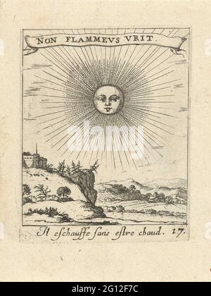 Sole radioso; emblemi d'amore moralizzanti; devises et emblesmes d'Amobr moralizez. Un sole radioso sopra un paesaggio di montagna. Su una banderola un motto in latino e una didascalia in francese, entrambi sull'amore. Foto Stock