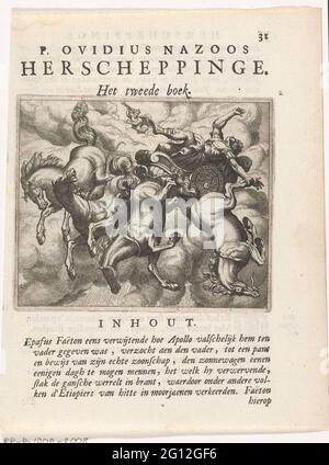 Caduta di phaeton; Herchepinge di Publio Ovidius naso. Pagina da un libro con testo su recto e verso, e un'immagine all'inizio del libro 2. I cavalli dell'automobile solare stanno passando attraverso e Phaëthon cade dalla macchina. Il calore del sole è imminente per essere messo sul fuoco. Giove lancia un fulmine sull'auto per salvare la terra. Foto Stock