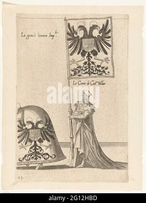 Parte della processione, n. 23; processione funebre dell'imperatore Carlo V, 1558. Un partecipante alla processione con la grande bandiera imperiale. Parte della stampante della processione funebre dell'imperatore Carlo V il 29 dicembre 1558 a Bruxelles. Foto Stock