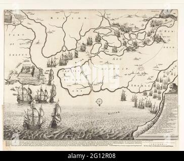 Mappa della foce del Tamigi con il viaggio a Chatham, 1667; Warely AF-imagining, da 't gene Uytvoert è da una parte della flotta di 't Landtors Warshs, sulla Riviere di Chattam o Rochester, il 19, 20, 21, 22 e 23 giugno, 1667. Mappa della foce del Tamigi su cui il viaggio a Chatham è indicato dalle navi della flotta statale sotto Admiraal de Ruyter, 20-23 giugno 1667. A sinistra la lotta intorno a Sheerness, sopra le navi olandesi sul fiume Medway. In basso a destra un leone su un piedistallo su cui la leggenda A-V. Un foglio di testo è uno dei record. Foto Stock