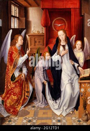 L'Annunciazione di Hans Memling (c.1430-1494), olio su pannello trasferito su tela, c. 1480-89 Foto Stock