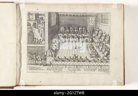 Anne du Bourg difende i protestanti in parlamento, 1559; Serie 3: Guerre religiose francesi, 1559-1573. Anne du Bourg difende i protestanti in Parlamento alla presenza del re Enrico II, 10 giugno 1559. Con didascalia di 10 regole in tedesco. Numerato: 1. Foto Stock