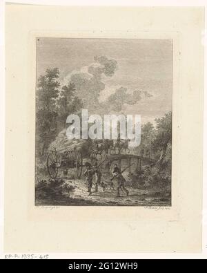 Carro di fieno che guida su un ponte; sei paesaggi con il palco dei soldati. Un haywagen guida un ponte. Lungo la riva tre soldati napoleonici camminano con armi e un cane. Foto Stock