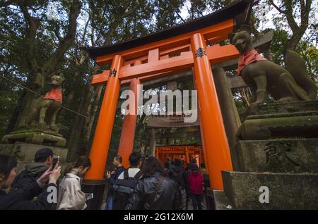 KYOTO, GIAPPONE - 13 dicembre 2019: Kyoto, Giappone - 25 novembre 2019: Turisti in visita al santuario di Fushimi Inari. Fushimi Inari Taisha è il santuario principale di Inari, loc Foto Stock