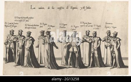 Membri dei consigli spagnoli e italiani, n. 33; processione funebre dell'imperatore Carlo V, 1558; la Magnifique, et sumptuous Pompe funebre, Faite Aus Obseques & Funerailles du Tres-Grand & Tres-Victory Empereur Charles Cinquième, Celebrées e la Vile de Bruxelles le XXIX. Iour du mois de decembre m.I.lviii. Par Philippes Roy Catholique d'Espaignes Son Fils .. Membri dei consigli spagnoli e italiani. Parte della stampante della processione funebre dell'imperatore Carlo V il 29 dicembre 1558 a Bruxelles. Foto Stock