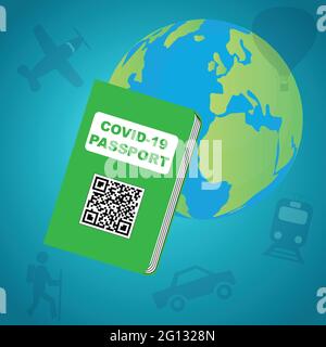 Covid 19 passaporto vicino al mondo, concetto di viaggio di sicurezza Illustrazione Vettoriale