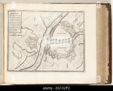 Mappa di Bayonne, ca. 1693-1696; Bayonne Ville Forte et Port de Mer sur l'Ocean (...); Les Forces de l'Europe, ou Description des principales Villes, avec leurs fortificazioni: Dessignées PAR LES MEILLEURS Engineers, private party Celles (...) De la France, dont Les Plans DEVEÉ LEVEZ PAR M. DE VAUBAN. Mappa dei rinforzi alla città francese di Bayonne. Parte della settima parte (1696) del quadro in cui i fasci sono le otto parti di Les Forces de l'Europe emesse tra il 1693 e il 1697. Il lavoro di stampa è composto da 175 lastre con piani (da Sébastien le Preterre, Seigneur de Vauban) da Foto Stock