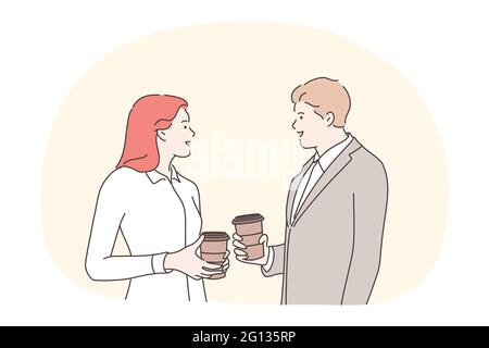 Business, pausa, comunicazione, conversazione, concetto di amicizia. Uomo d'affari donna impiegato manager amici colleghi parlare bere tè caffè in ufficio insieme. Incontro di interazione a pranzo. Illustrazione Vettoriale
