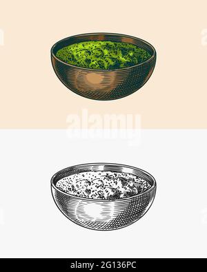 Salsa al pesto. Zuppa di basilico nel recipiente. Schizzo disegnato a mano inciso. Illustrazione Vettoriale