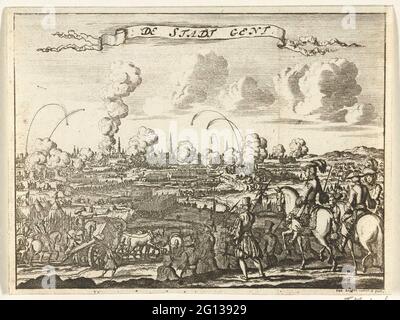 Assedio da Gand da parte dei francesi, 1678; lo Stadt Gand. Assedio della città di Gand da parte dell'esercito francese sotto il re Luigi XIV La città fu presa il 9 marzo 1678. In primo piano ufficiali francesi a cavallo, a distanza Gand. Foto Stock