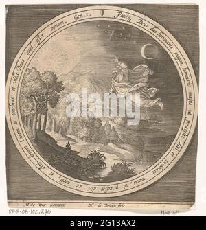 Quarto giorno della creazione: Dio crea il sole, la luna e le stelle; dalla creazione all'espulsione dal paradiso. Quarto giorno della creazione: Dio crea il sole, la luna e le stelle e separa così la luce delle tenebre. In medaglione con un testo biblico in latino dalla Genesi 1 all'interno di una cornice rettangolare. Foto Stock