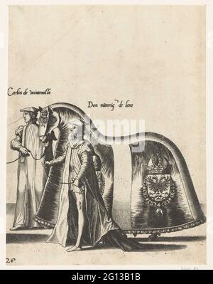 Parte della processione, n. 26; processione funebre dell'imperatore Carlo V, 1558; la Magnifique, et sumptuous Pompe funebre, Faite Aus Obseques & Funerailles du Tres-Grand & Tres-Victory Empereur Charles Cinquième, Celebrées e la Vile de Bruxelles le XXIX. Iour du mois de decembre m.I.lviii. Par Philippes Roy Catholique d'Espaignes Son Fils .. Due partecipanti alla processione e un cavallo decorato con l'arma imperiale. Parte della stampante della processione funebre dell'imperatore Carlo V il 29 dicembre 1558 a Bruxelles. Foto Stock