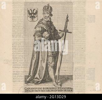 Ritratto di Carlo V; Carolvs V. Ritratto di Carlo V van Asburgo, Imperatore del Sacro Romano Impero, Re di Spagna, Signore di Frisia. È stato raffigurato per i piedi con una migrazione e una spada nazionale, accanto alle braccia del Sacro Romano Impero. Una didascalia in latino con il suo nome e i suoi titoli. Foto Stock