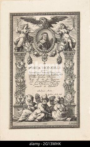 Erpoort con ritratto di Wladislao Wasa IV; porta honoris. Un'epoca con il ritratto di Wladislao Wasa IV, re di Polonia. Il ritratto è tenuto da due donne; vittoria trionfa personificazione, con lo stemma polacco e la personificazione della pace, con lo stemma della Svezia. Sopra il ritratto un'aquila con una corona di alloro, tra cui uomini incatenati che introducono i popoli. Tra le colonne una didascalia in latino. Foto Stock