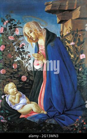 Sandro Botticelli - la Vergine adorando il Bambino di Cristo addormentato Foto Stock