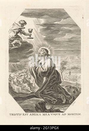 Cristo alla corte di Getemane; Tristis et anima Mea vsqve ad mortem; la passione. Poco prima della sua prigionia, Cristo prega nella corte di Getemane per aiuto. Un angelo appare per lui con un calice tra le mani. Sullo sfondo a sinistra i discepoli addormentati, a destra i soldati in avvicinamento. Terza stampa di una serie del 13, con le prestazioni dell'acceleratore di Cristo. Foto Stock