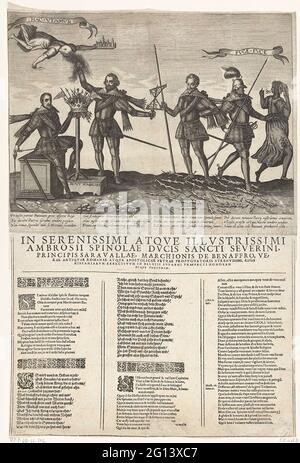 Tributo a Spinola, ca. 1607. Sulla sinistra, Spinola sta girando frecce dalla corona spagnola. Si siede sulla Petra Fidei e la corona è su una base: Sicut Scabellum. Oltre a Spinola, Bucquoy afferma che la Fortuna (Occasio) galleggia sopra di lui. Sulla destra ci sono Maurits e un guerriero ai rami spezzati dalla bandiera spagnola. Cacciano una donna con Januskop strada: Fuge Fuce. Con 4 versioni di 4 righe ciascuna in latino. Sotto la stampa una foglia con 3 colonne di testo in latino e tedesco. Foto Stock