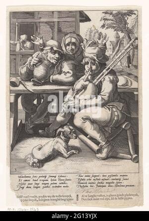 Il cornamusa non dà alcun suono, quindi se è pieno; il bevitore e il giocatore di cornamusa; Proverbi a Karel van Mander. Un giocatore di cornamusa e un ubriaco seduto insieme al tavolo. Una donna con le mani è abolita dietro il tavolo. Il giocatore di cornamusa è seduto su una sedia chiusa, accanto a lui è un cane. Sotto la mostra un latino esplicativo fresco da Franco Estius e un verso olandese. Foto Stock