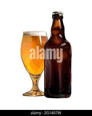 Tazza di birra con bottiglia, disegno colorato, realistico. Illustrazione vettoriale delle vernici Illustrazione Vettoriale