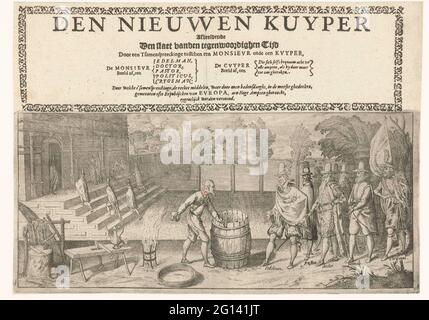 Allegoria del Nieuwe Kuiper, 1621; Den Nieuwen Kuyper finendo il tempo di Staet Vanden Presentweighen, attraverso un tsamenespreecking tra un monsieur e un kuyper. Rappresentazione allegorica del Nieuwe Kuiper, 1621. Stampa appartenente al poema (mancante) Nieve Cuyper di J.J. Un primo piano sull'ambizione e l'ambizione e il potere dell'intercessione nell'ottenimento degli uffici nel 1621. Un cooper al lavoro parla con un nobile, medico, pastore, politico e guerriero. Collega un palazzo o un cortile dove gli uomini saliscono le scale. Foto Stock