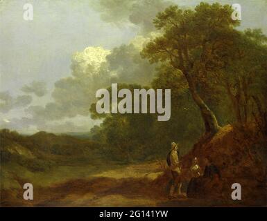 Thomas Gainsborough - paesaggio boscoso con un uomo che parla con due donne sedute Foto Stock