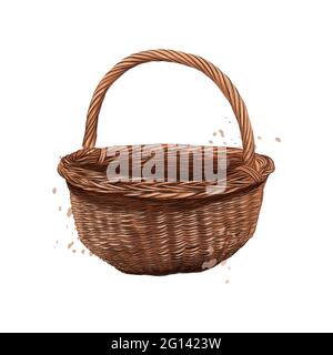 Cesto in vimini arrotondato in legno da spruzzi di acquerelli, disegno colorato, realistico. Illustrazione vettoriale delle vernici Illustrazione Vettoriale