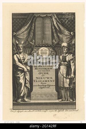 Allegoria sul vecchio e nuovo Testamento con Mosè e Aaron; pagina del titolo per: Lo Zoo di Heylige Historien del vecchio come nuovo Testamento, Amsterdam; lo zoo storico del vecchio come un nuovo testamento. Allegoria sul vecchio e nuovo Testamento con glorificazione delle tavole della legge e l'arca dell'alleanza su un piedistallo. Mosè e Aaronne, come sommo sacerdote, si levano su entrambi i lati. Foto Stock