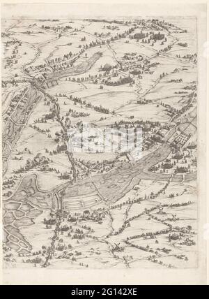 Assedio da la Rochelle, 1627 settembre-1628 ottobre (Mappa Centrale, parte in alto a destra). Sedicesima parte (mappa centrale, parte in alto a destra) di una stampa dell'assedio dell'Huguenot Bolwerk la Rochelle negli anni 1627 e 1628, che è stato condotto su incarico del re francese dall'esercito francese sotto la guida del cardinale Richelieu. Su questa rivista una parte dell'area intorno a la Rochelle, popolata da molte figurine. Le opere d'assedio che entrano in città (Schings, rinforzi, bastioni, et al.), sono chiaramente riconoscibili. Due fiumi o parti annegati terra attraverso la mappa. Foto Stock