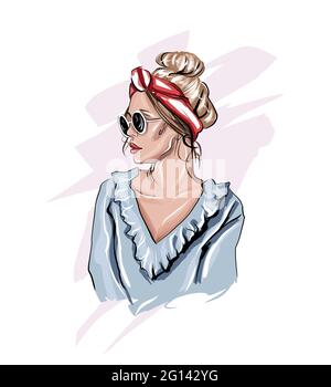 Bella giovane donna in occhiali da sole. Ragazza elegante con archetto rosso. Look femminile alla moda, disegno colorato, realistico. Illustrazione vettoriale di pai Illustrazione Vettoriale