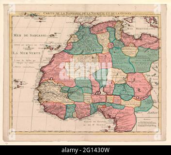 Cartografia nei Paesi Bassi, mappa dell'Africa nord-occidentale. Mappa del Nord-Ovest Africa, compresi Tripoli e Cameroen. VERSO: R. B. Manoscritto: 112 / Barbarie, Nigroitie / et Guinée. Iscrizione; mezzo su: Carte de la Barbarie de la Nigratie et de la Guinea. Firmato; R.B.: guill.me dell'isola. Foto Stock