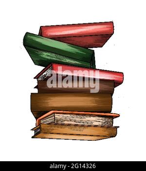 Pila di libri multicolore da spruzzi di acquerelli, disegno colorato, realistico. Illustrazione vettoriale delle vernici Illustrazione Vettoriale