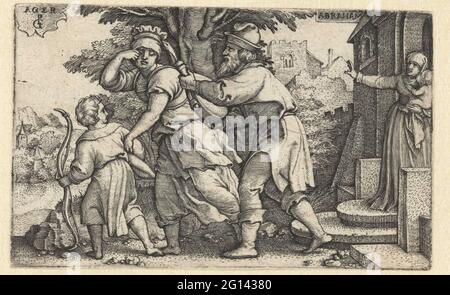 Abramo spacciò Hagar e Ismaël; Storia di Abramo. Abramo manda Hagar e il suo primo figlio Ismaël con un sacchetto d'acqua via su richiesta della moglie Sara. Sara si trova sul braccio nella porta con il figlio più giovane Isaac. I nomi dei personaggi principali sono elencati sugli scudi: Ager e Abraham Foto Stock