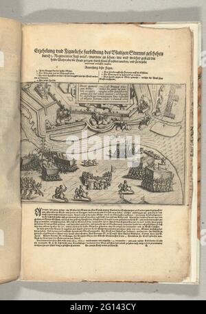 Assedio di Ostenda: Tempesta di Bucquoy il 7 gennaio 1602; Erzehelung und Figurliche Furbildung des Blutigen Sturms Geefhen Durch 3. Regiments Fuß Volck / Warinne zu Sehen / Who und Weller Gestalt That blame Mohn Uber Who wurden Geule / Durch Inhen Eröbert wurden / und Sie Dieselbe Widerumb mues. Assalto le difese di Ostenda da parte delle truppe spagnole sotto il conte di Bucquoy il 7 gennaio 1602. Battaglia in basso a sinistra al Lunet sull'altro lato del fiume Geule, al centro di una cartouche con iscrizione in latino. Sopra il titolo di stampa con dichiarazione delle figure, in fondo alla a Foto Stock