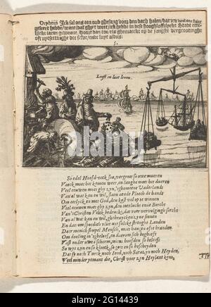 Orpheus è la prosperità di Amsterdam mostrato, 1625. Orfeo è dimostrato la prosperità di Amsterdam. A sinistra una fucina, una macina, mercanti e pistole. La destra scala nella mano di Dio. Nei veterani delle navi in mare. Foto Stock