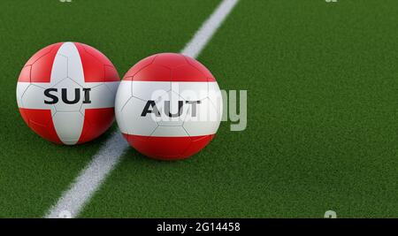 Austria vs. Svizzera Soccer Match - palle in pelle in Austria e Svizzera colori nazionali su un campo di calcio. Spazio di copia sul lato destro - 3D R Foto Stock