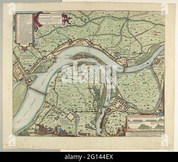 Carta con assedio e conquista di Schenckenschans di Frederik Hendrik, 1635-1636; The GHELEGENTHEYT Ende Beschinghe van Schencken Schans Curyeus Measurement Ende Teeeckent di Den ingegnere esperto Ioannes Iacobi Apron anno 1635. E 36 .. Mappa dell'assedio e l'ingestione di Schenckenschans, situato nella divisione del Reno e Waal, da parte dell'esercito statale sotto Frederik Hendrik, 1635-1636. In alto a sinistra il titolo e la legenda 1-25. In basso a destra di un impegno per alcuni incroci di traschment e fogli, qui è un viaggio di pesca con una rete. Diverse figure nella parte inferiore del primo piano. Foto Stock