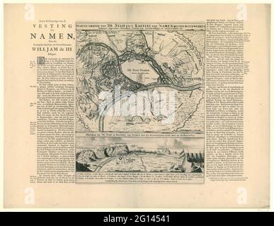 Assedio di nomi, 1695; terreno pianeggiante della città e 't Castello di nomi con SYN Buytewerken, Batteryen, Approches, TRANCHEES, LINIEN DI CIRCUMALATION E STUCTALLATION ECC .. Assedio di nomi da parte degli Alleati sotto il re Willem III, dal 3 luglio 1695. Foglia di cui l'idea e il titolo di tre lastre sono stampati. Al centro un piano di nomi e la vicinanza immediata con le posizioni delle truppe. Sotto una vista della città dalle posizioni dei biestermares. Nuove posizioni e linee sono state aggiunte alla presentazione di questa stampa. Su entrambi i lati della stampa si trova una "breve battaglia delle forts Foto Stock